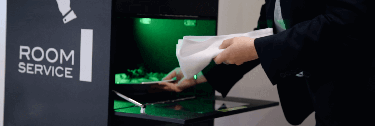 Use of the “room service” collaborative delivery robot with the self-closing door.