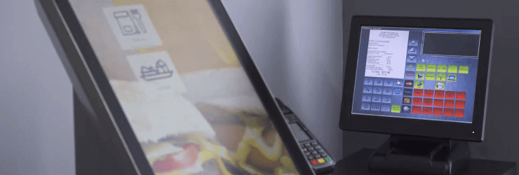 Photo of self-service ordering kiosk and cash register touch screen.