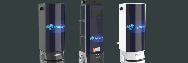 Images of three autonomous delivery robots in black or white with the Symcod logo.